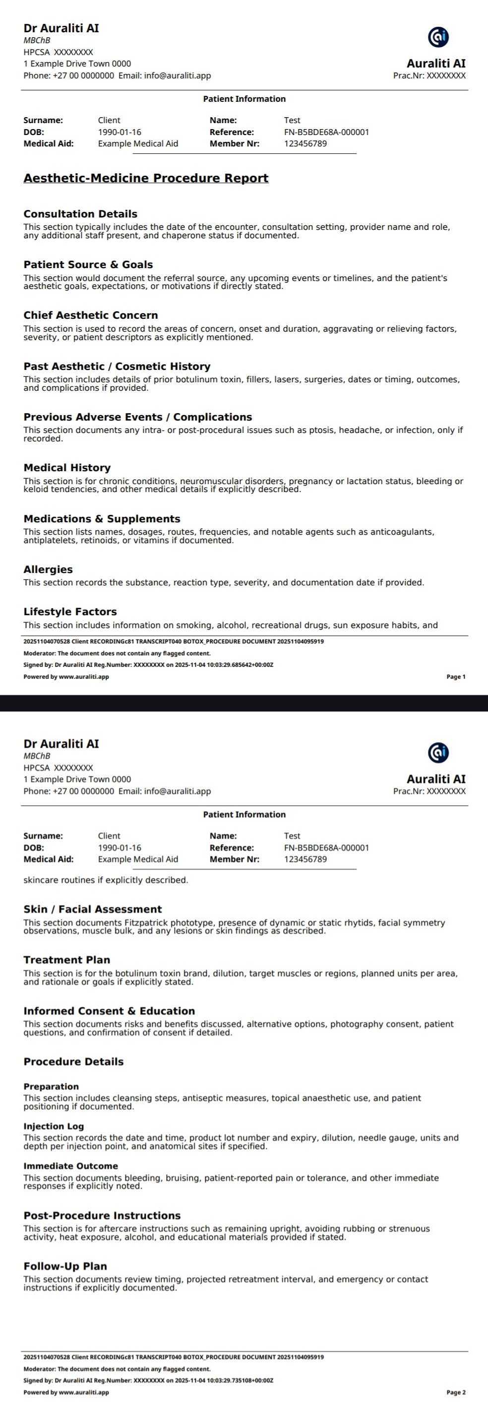 Aesthetic-Medicine Procedure Note Example