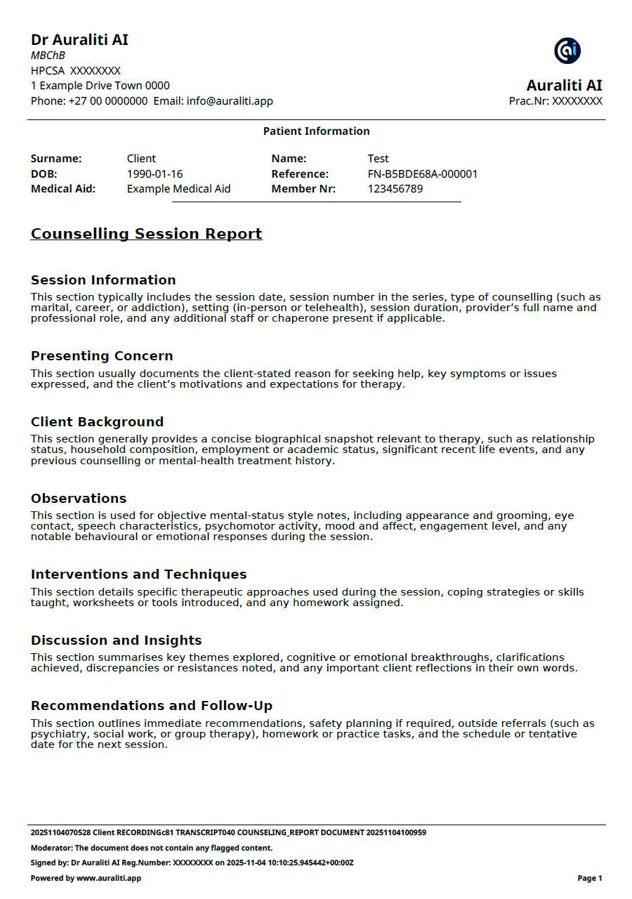 Counselling Report Example