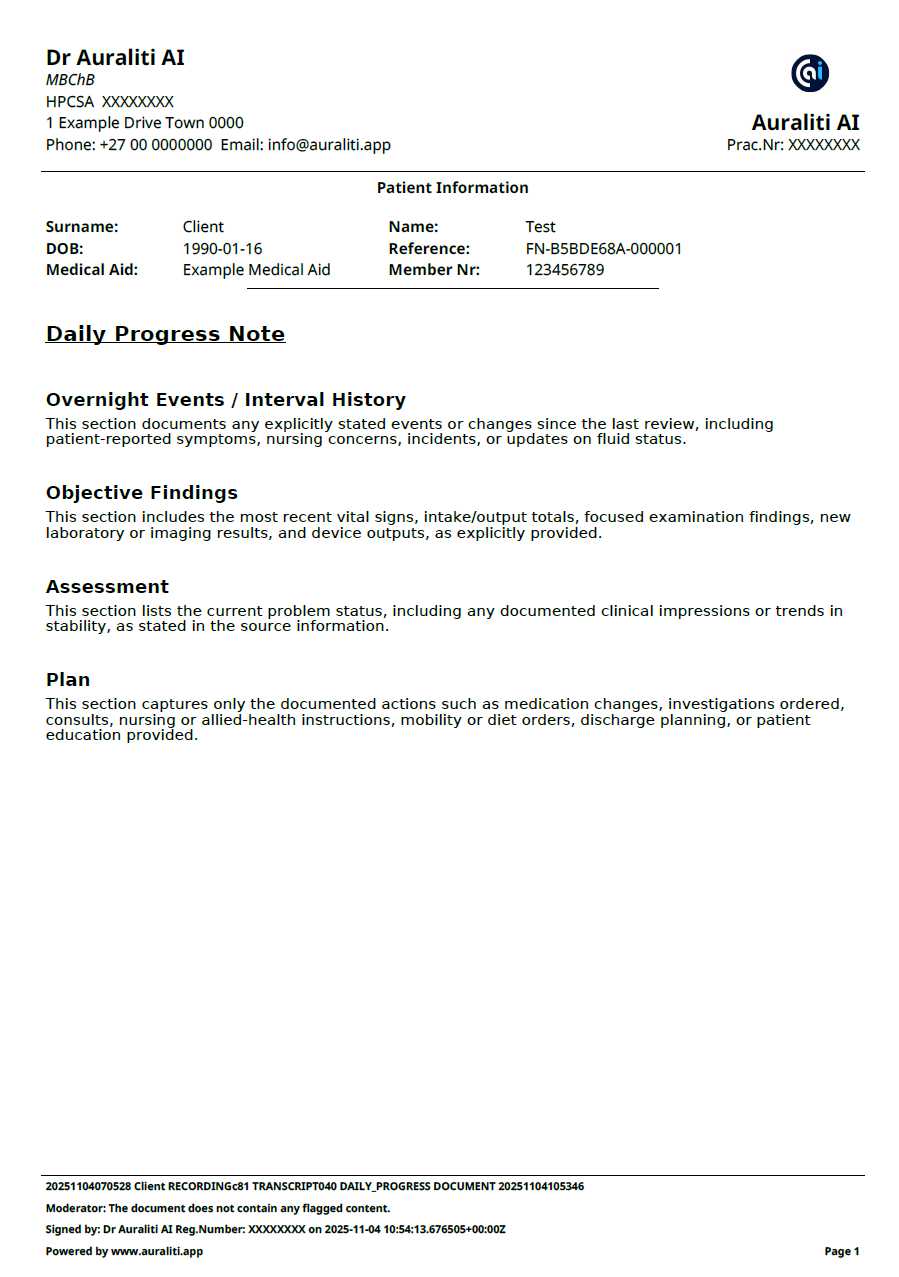 Daily Progress Note Example