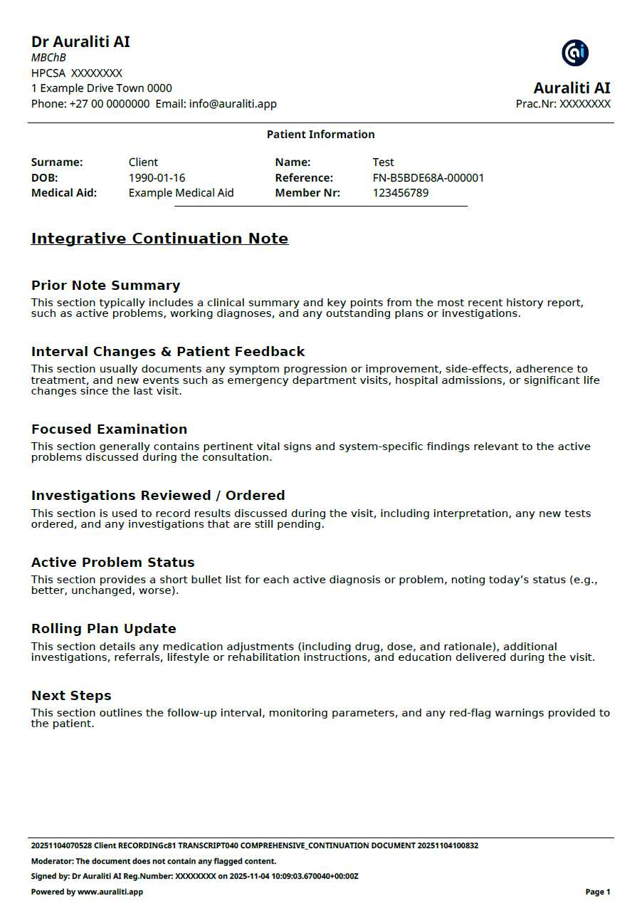 Integrative Continuation (3rd and ongoing visits) Example