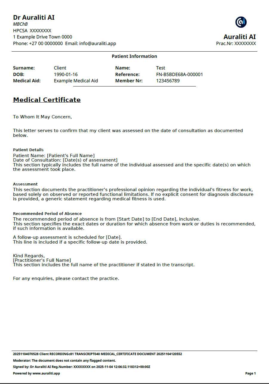 Medical Certificate Example