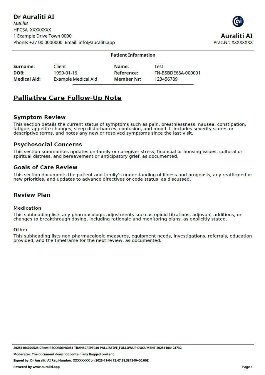Palliative Follow-up Note Example
