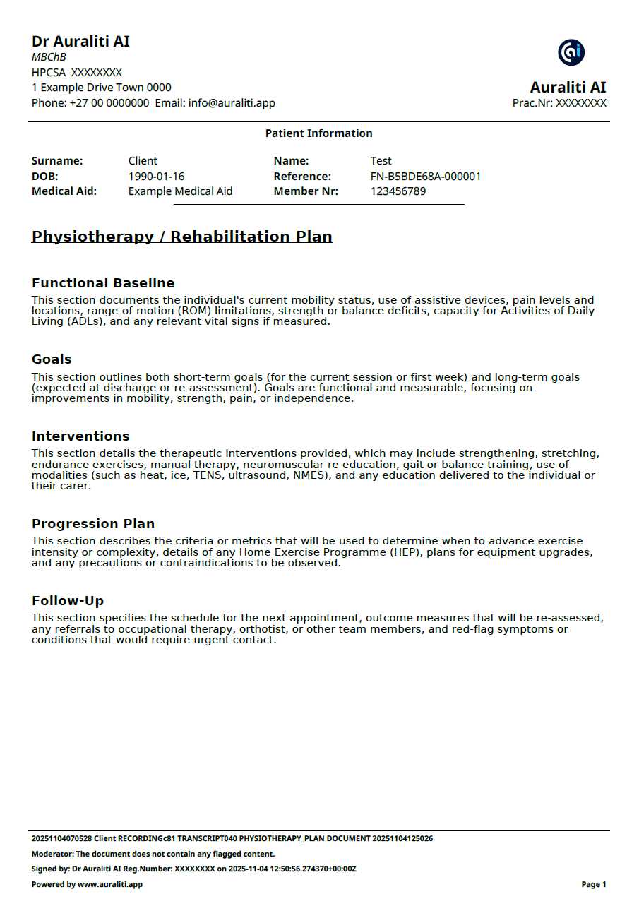 Physiotherapy / Rehabilitation Plan Example