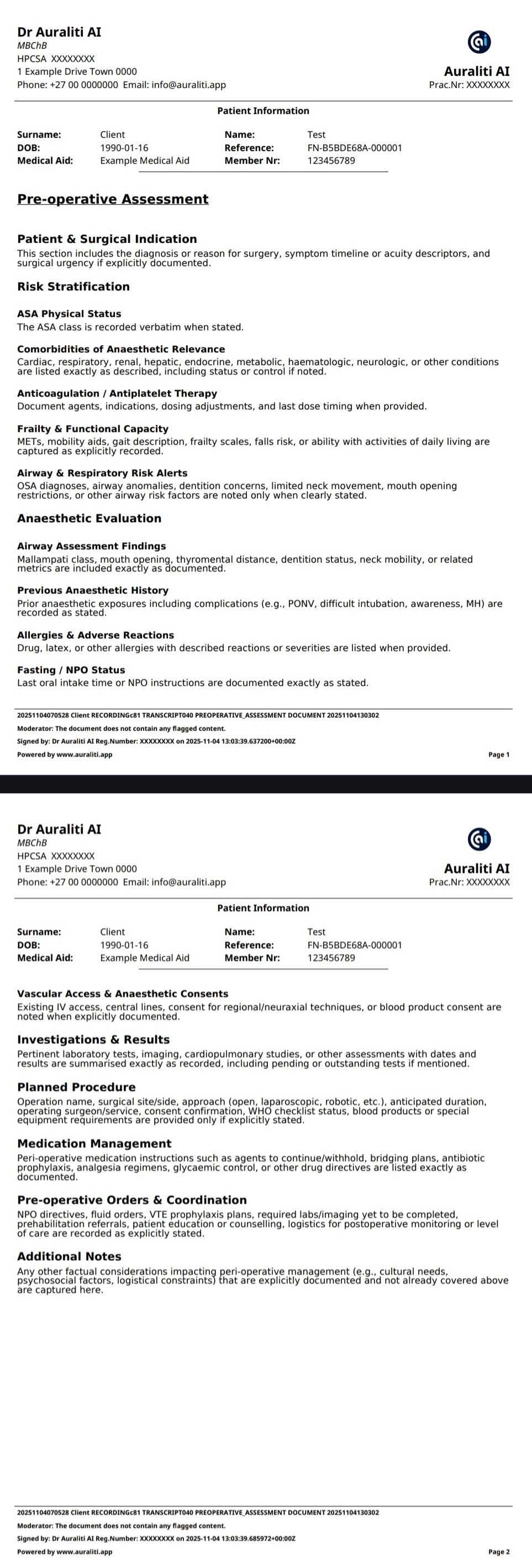 Pre-operative Assessment Example