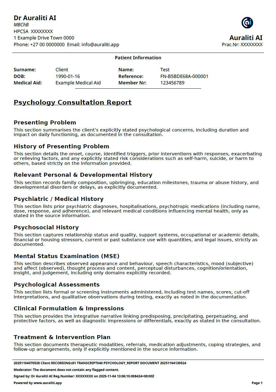 Psychology Consultation Report Example