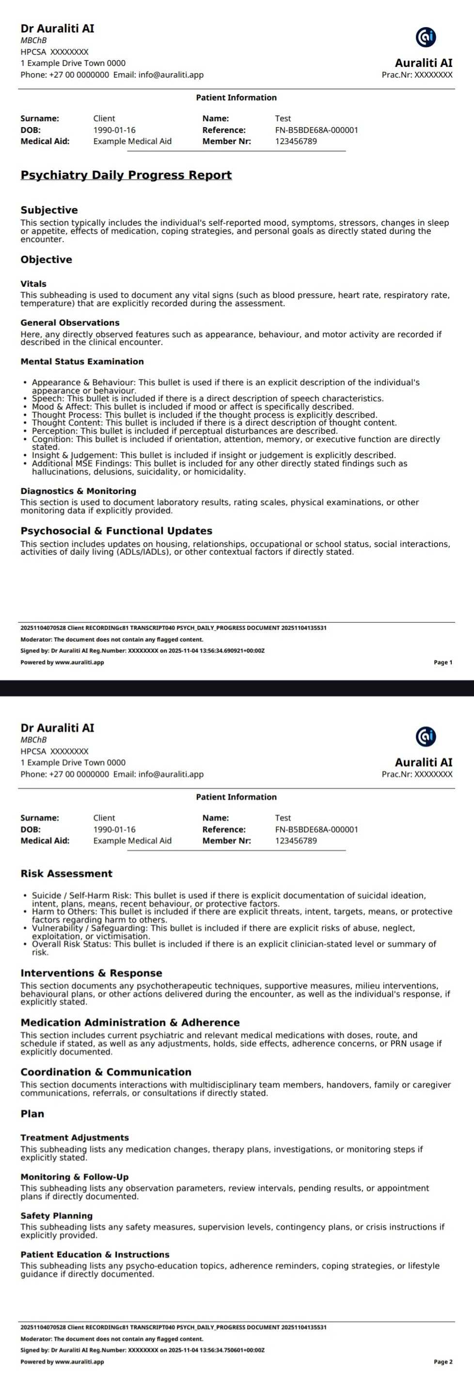Psychiatry Daily Progress Report Example