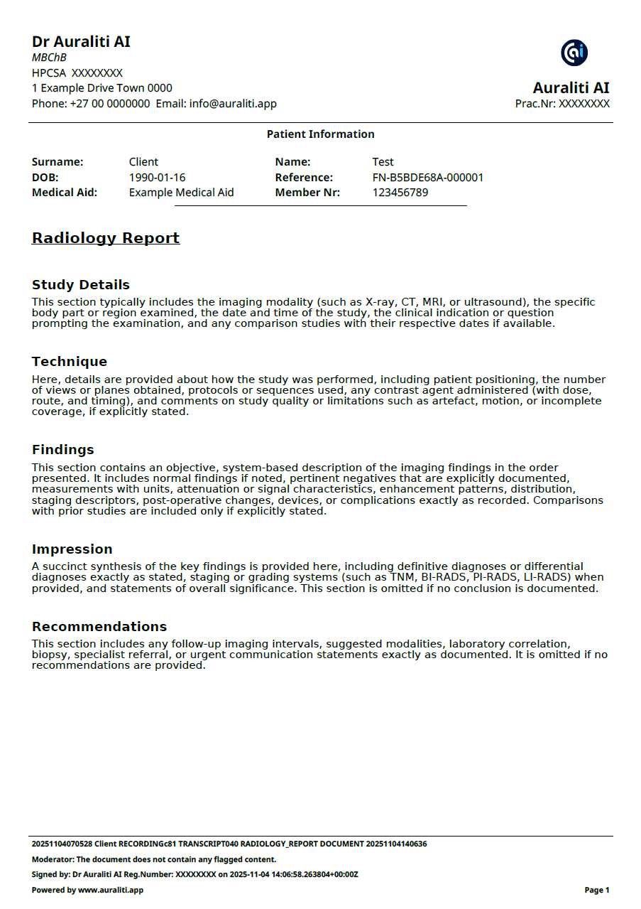 Radiology Report Example