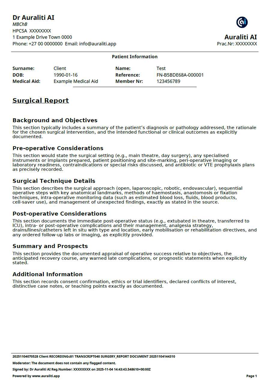 Surgery Report Example