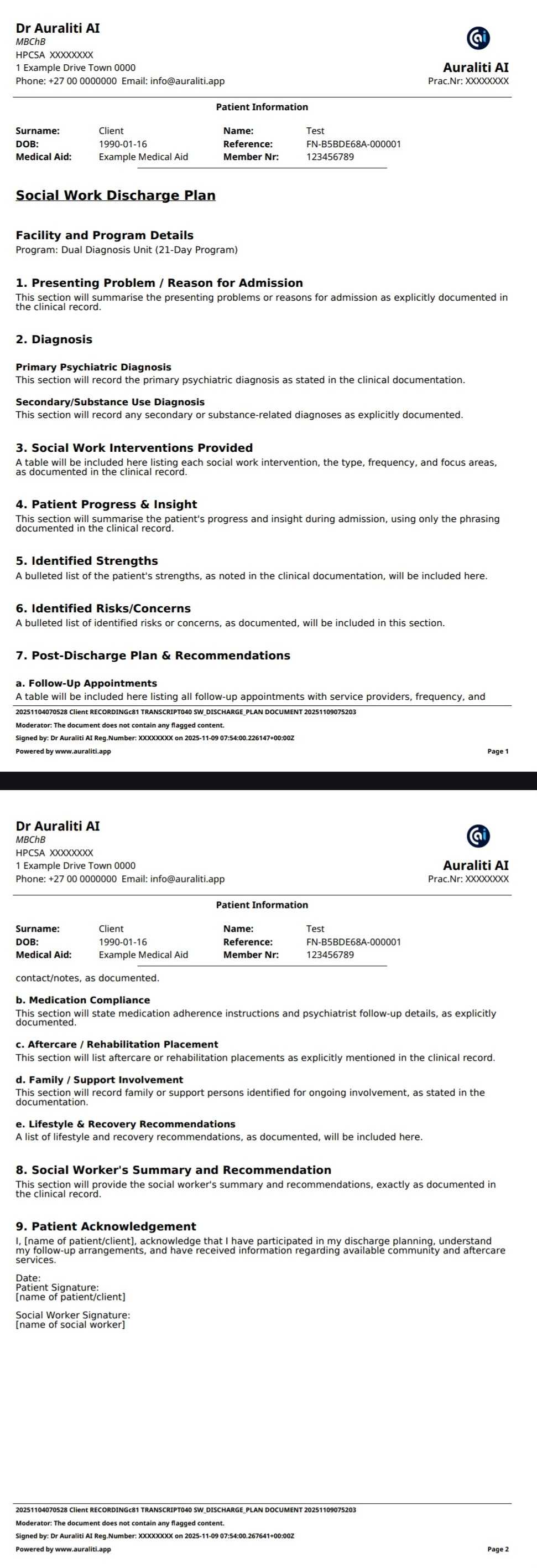 Social Services Discharge Plan Example