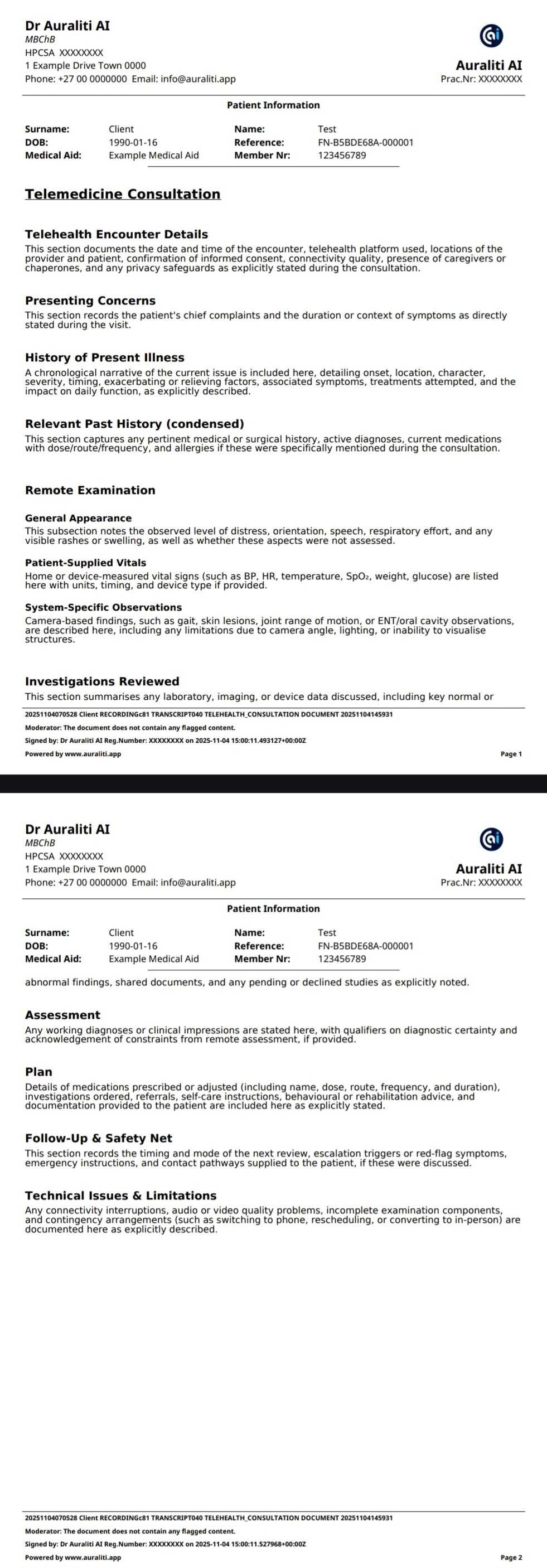 Telehealth Visit Summary Example